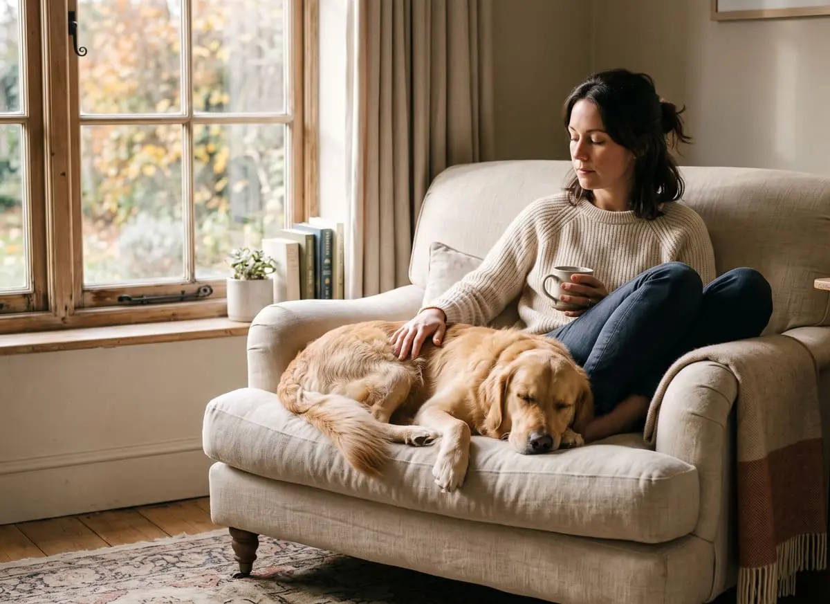 A woman relaxing on a sofa with her golden retriever