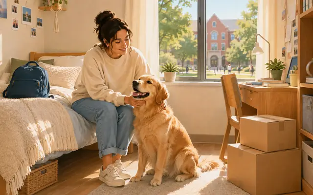 College student with an emotional support dog in a university dorm room.