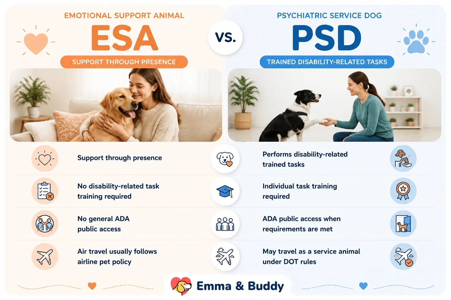 ESA vs. psychiatric service dog comparison showing differences in task training, public access, and air travel.