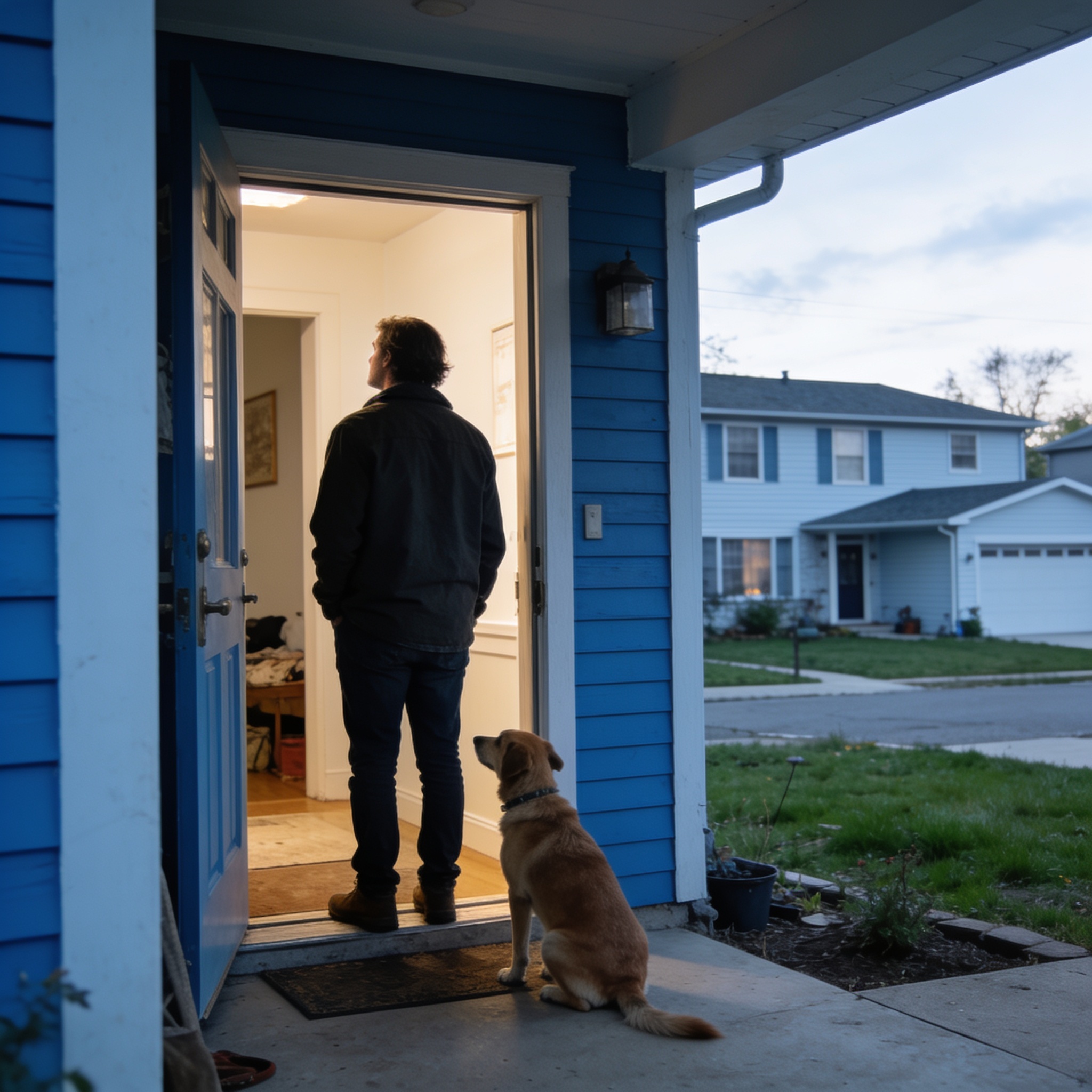 A man and a golden dog stand on a blue-house porch at dusk, looking toward a neighborhood street. | Emma & Buddy