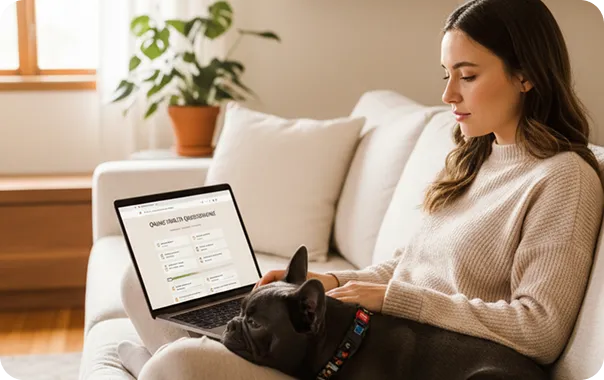 Person completing an online screening on a laptop at home with their dog