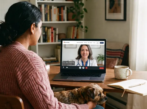 Person on a video call with a licensed therapist while their dog rests on their lap