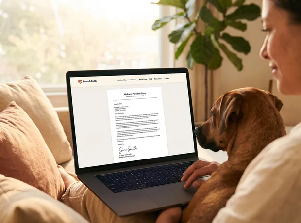 Person reviewing their ESA letter on a laptop at home with their dog