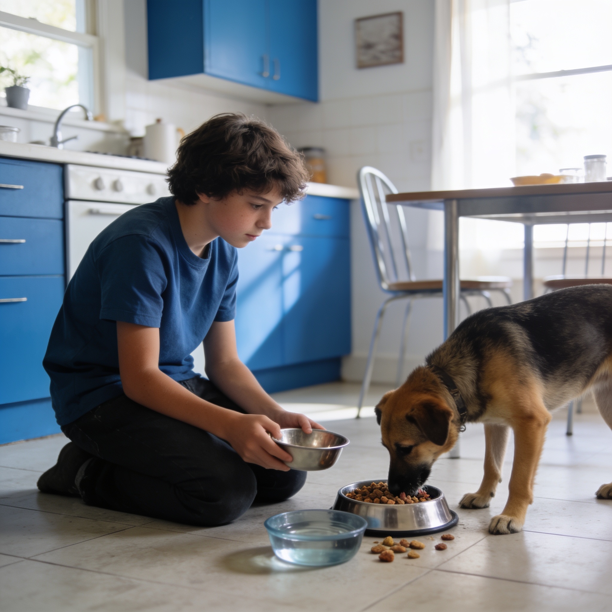 A boy kneels on a kitchen floor holding a metal bowl while a German shepherd mix eats nearby. | Emma & Buddy