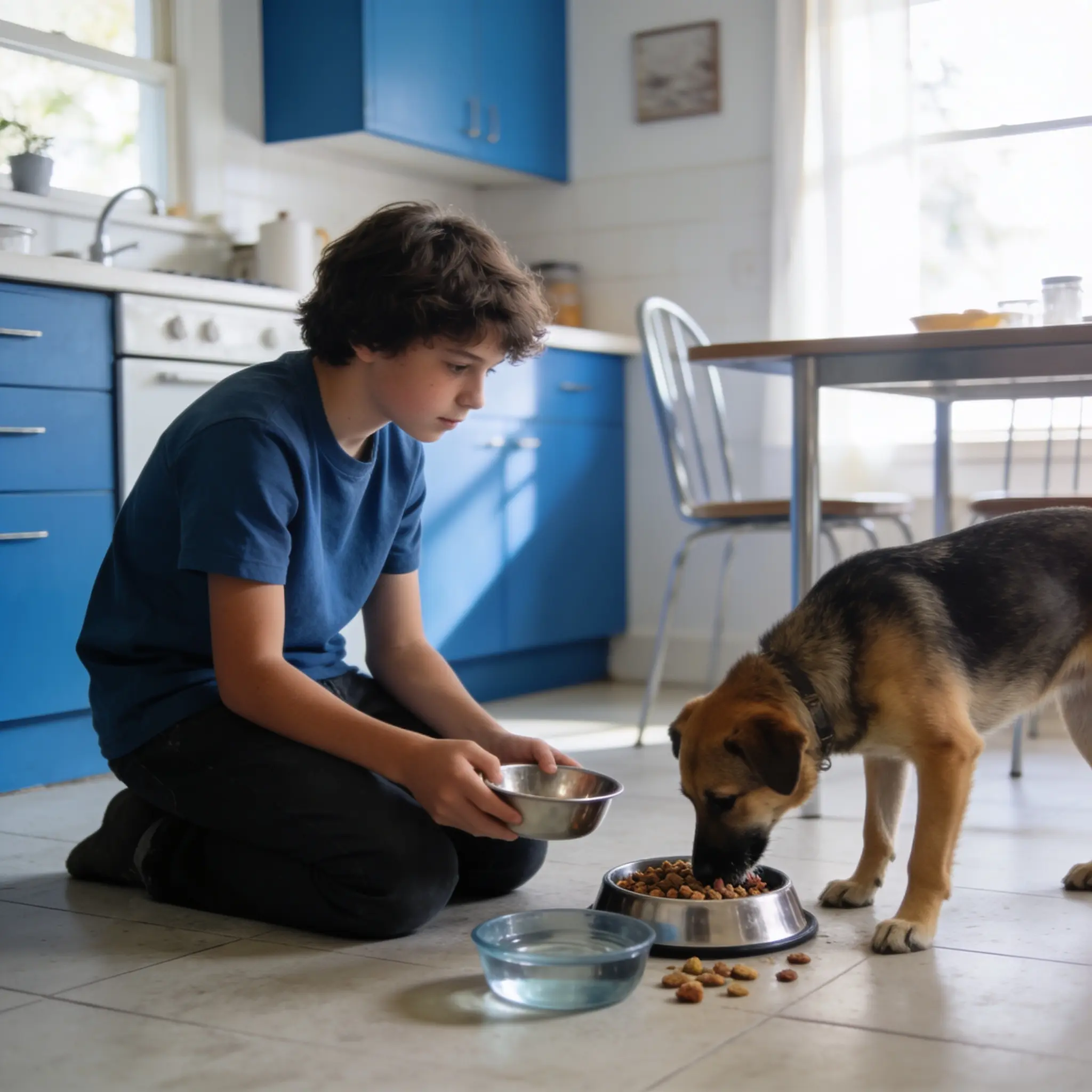 A boy kneels on a kitchen floor holding a metal bowl while a German shepherd mix eats nearby. | Emma & Buddy