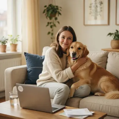 Pet parent at home with their dog during an online consultation