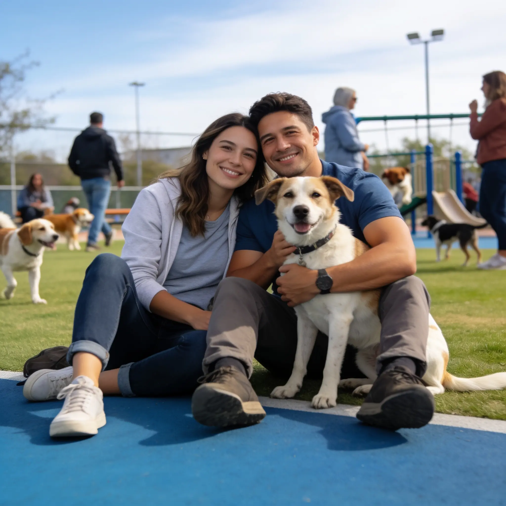 A smiling couple sits on dog-park turf with a tan-and-white dog between them. | Emma & Buddy